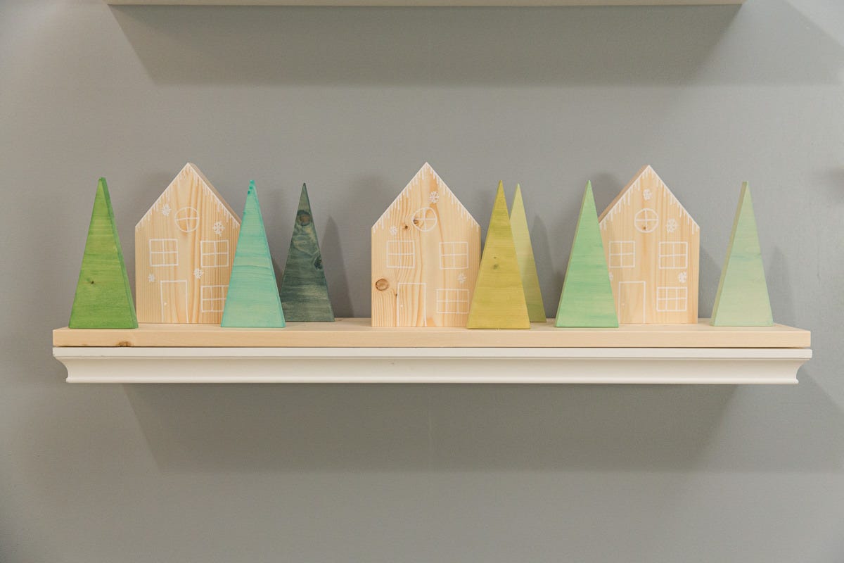 DIY pared-down, modern, minimalist wooden Christmas village.