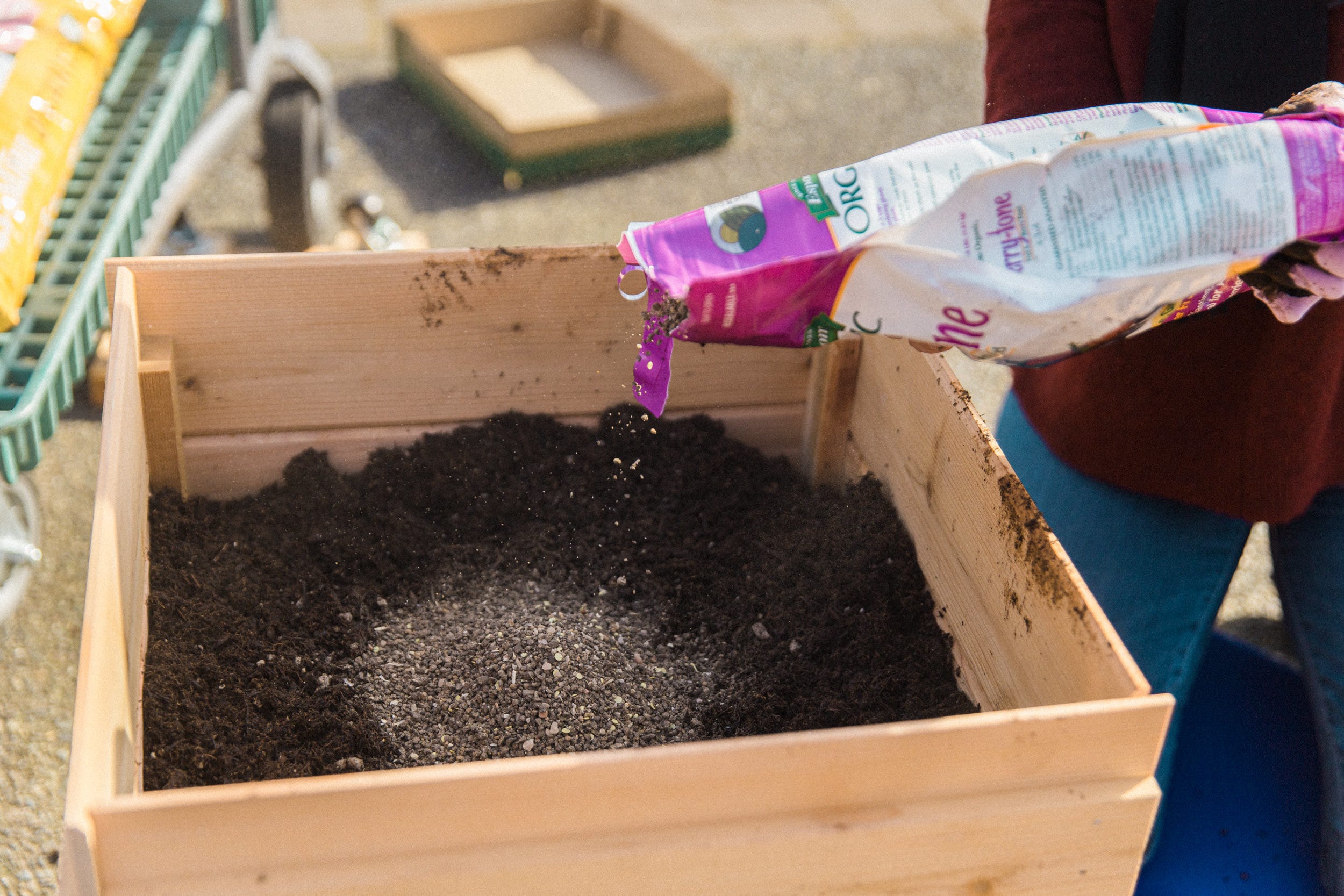 Pouring fertilizer on soil in planter box. 