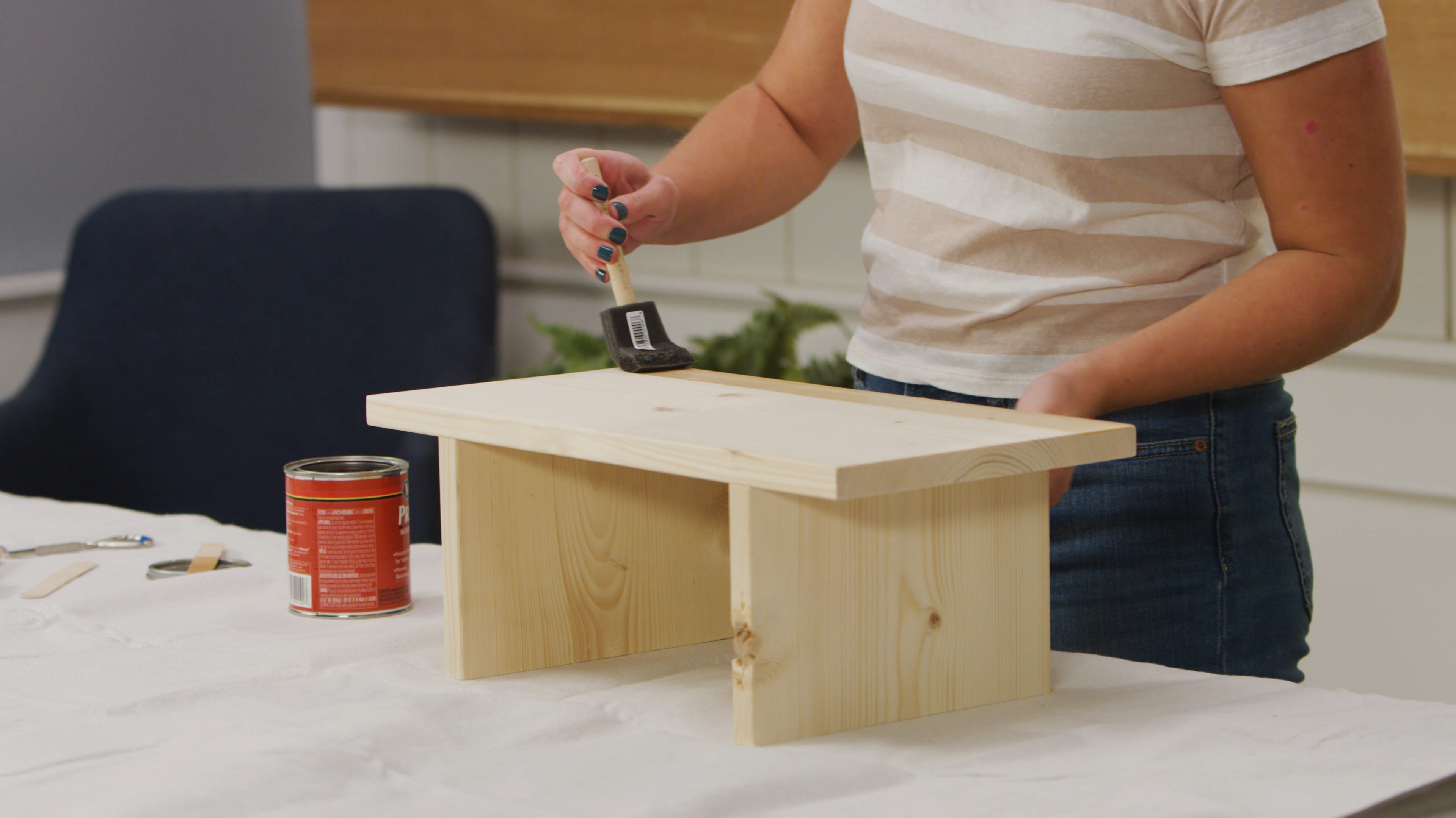 Apply wood conditioner with foam brush.